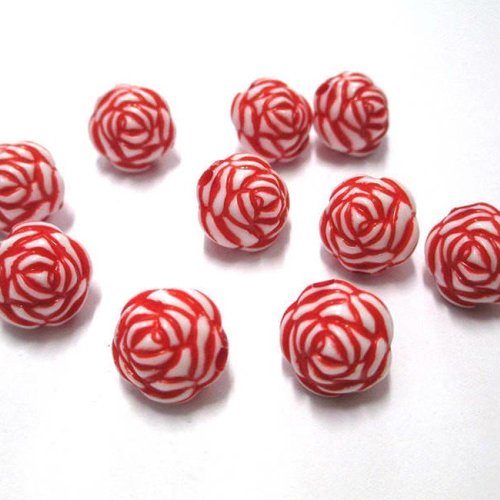 10 perles fleur rouge acrylique 13mm