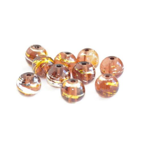 10 perles en verre translucide marron tréfilées argenté et doré 8mm