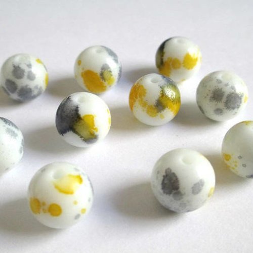 10 perles en verre blanc moucheté gris et jaune 12mm