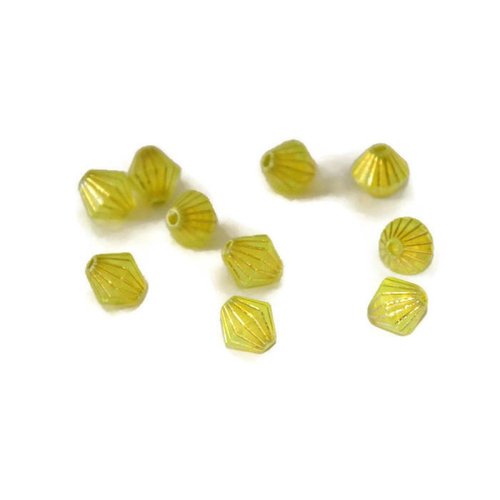 10 perles  toupies acrylique jaune rayé doré  8x8 mm