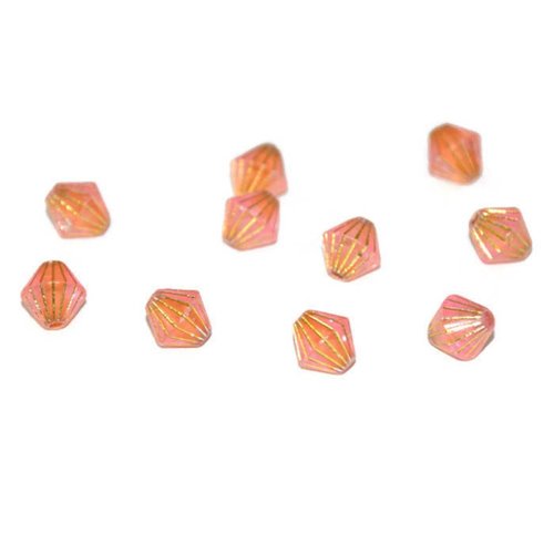 10 perles  toupies acrylique rose rayé doré  8x8 mm