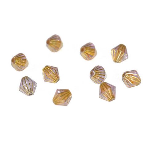 10 perles  toupies acrylique mauve rayé doré  8x8 mm