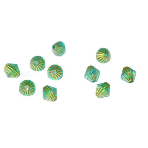 10 perles  toupies acrylique vert rayé doré  8x8 mm