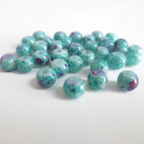 20 perles bleu ciel tréfilé violet et blanc en verre peint 4mm