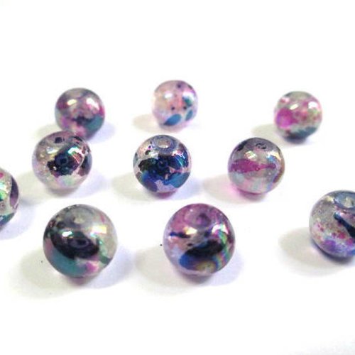 10 perles moucheté bleu foncé et rose brillantes en verre  8mm (c-34)
