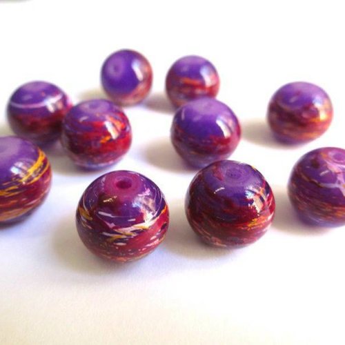 10 perles violet tréfilé multicolore en verre peint 12mm