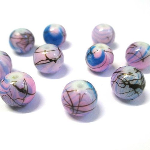 10 perles rose et bleu tréfilé marron en verre peint 10mm