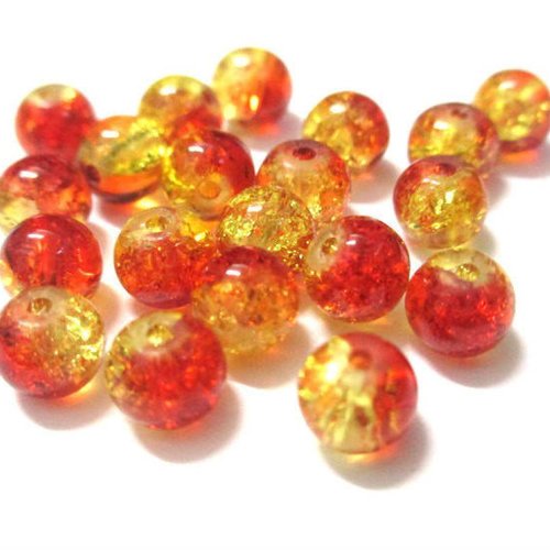 20 perles en verre craquelées rouge et jaune 6mm
