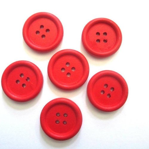 5 boutons en bois 23mm  rouge à 4 trous