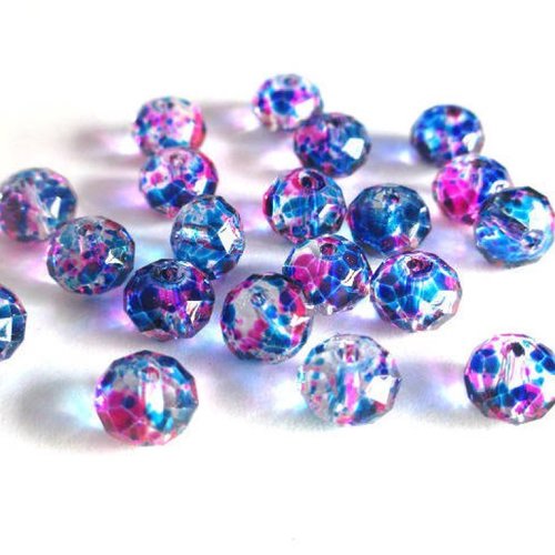 20 perles rondelle à facettes transparentes mouchetées fuchsia et bleu en verre 6x8mm