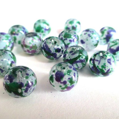 10 perles blanches moucheté violet et vert en verre  8mm