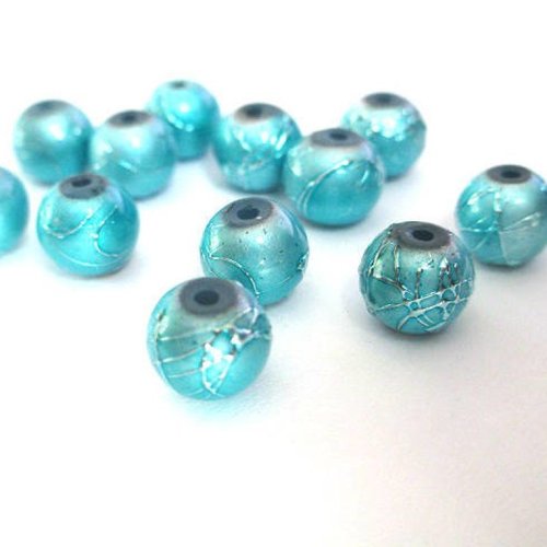 10 perles en verre bleu tréfilé argenté 8mm