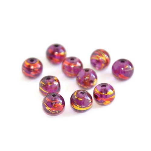 10 perles en verre translucide violet tréfilées doré et rouge 8mm