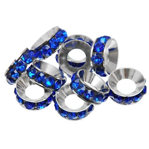 Perles x 5 intercalaires grand trou métal argenté et strass bleu