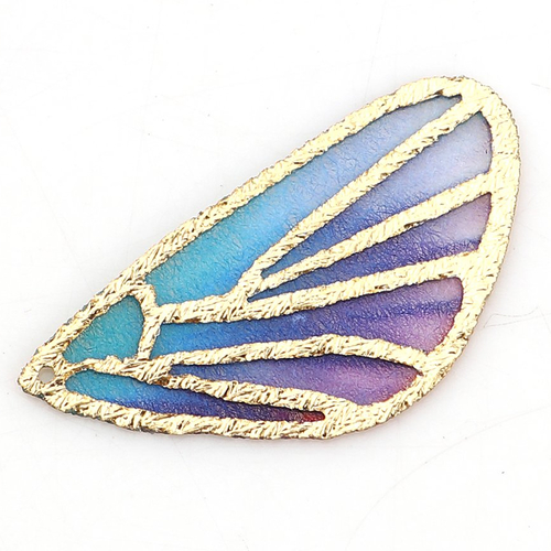 1 pendentif aile de papillon doré bleu violet vert organza