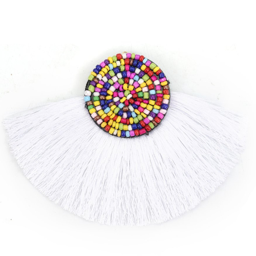1 pendentif pompon éventail bohème blanc perles rocailles multicolores