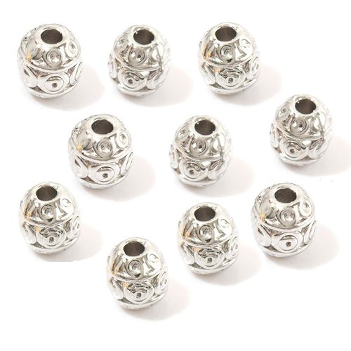 10 perles 6 mm  ovales métal argenté à motifs