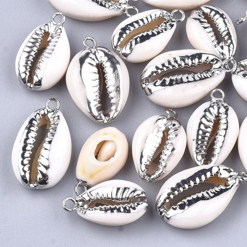 1 pendentif coquillage 15 mm cauris beige et argenté