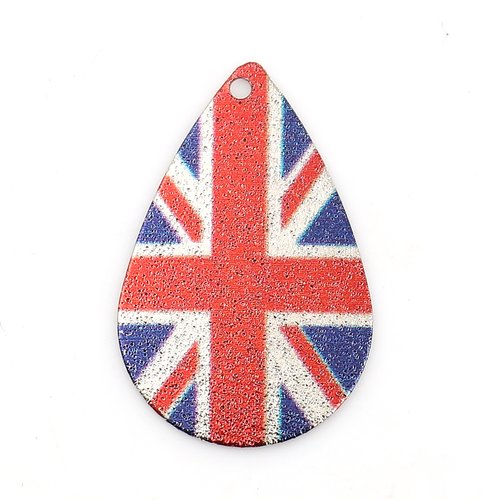 1 pendentif goutte argenté motif drapeau anglais blanc rouge bleu