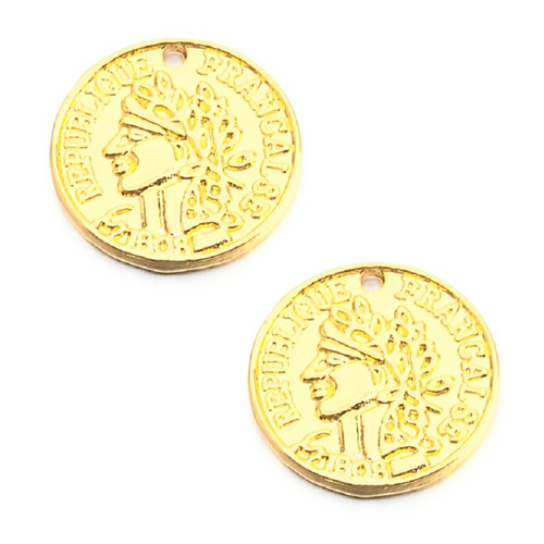 2 sequins pièces de monnaie pendentifs ronds 15 mm métal doré