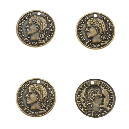4 sequins pièces de monnaie pendentifs ronds 15 mm métal bronze
