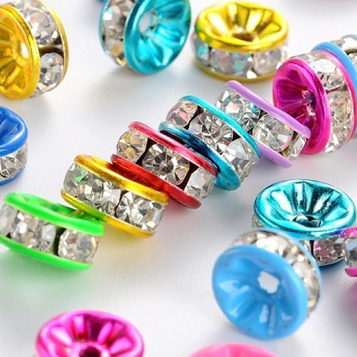 8 perles intercalaires 8 mm métal jaune, vert, violet, rose et strass cristal