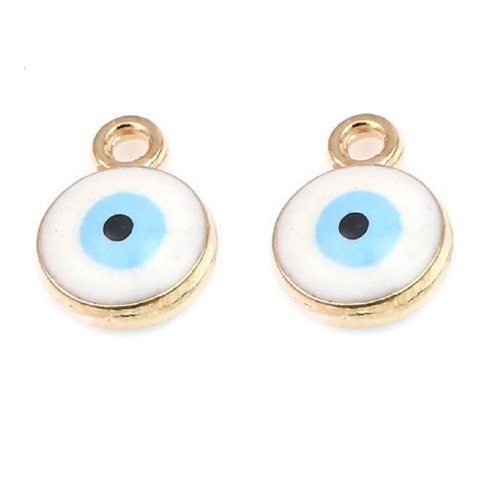 2 pendentifs 9 mm oeil métal doré émail blanche et bleue