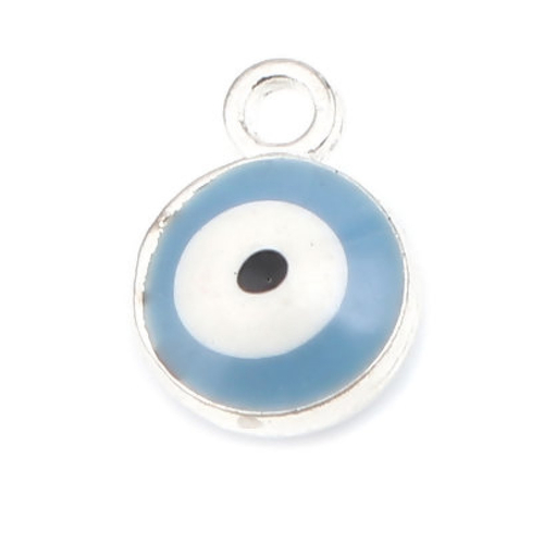 1 pendentif 9 mm oeil métal argenté émail blanche et bleue