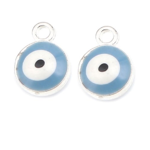 2 pendentifs 9 mm oeil métal argenté émail blanche et bleue