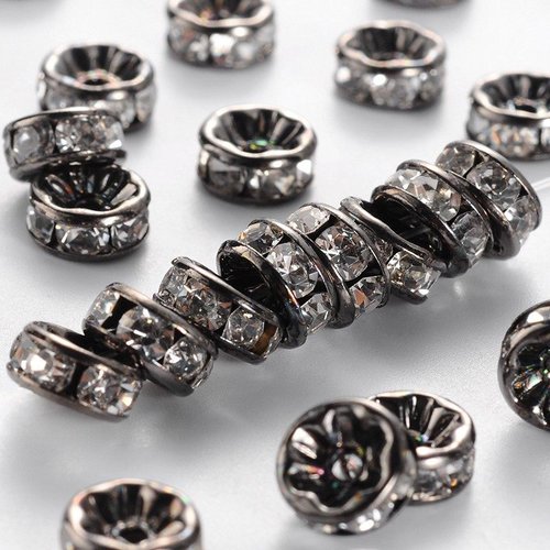 10 perles séparateurs 8 mm métal gun gris noir et strass cristal
