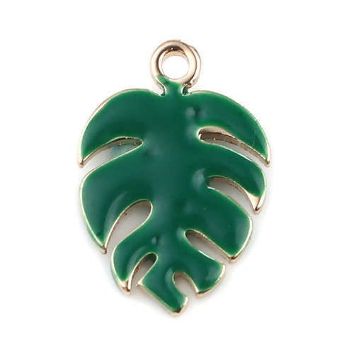 1 pendentif sequin feuille jungle émaillé verte