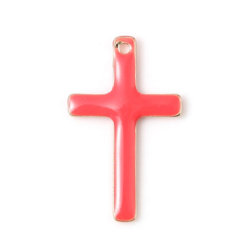 1 pendentif croix religieuse émail rose orange