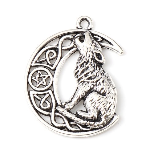 1 pendentif loup médiéval lune métal argenté