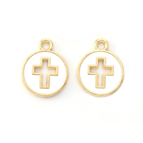 2 pendentifs croix blanches 15 mm métal doré