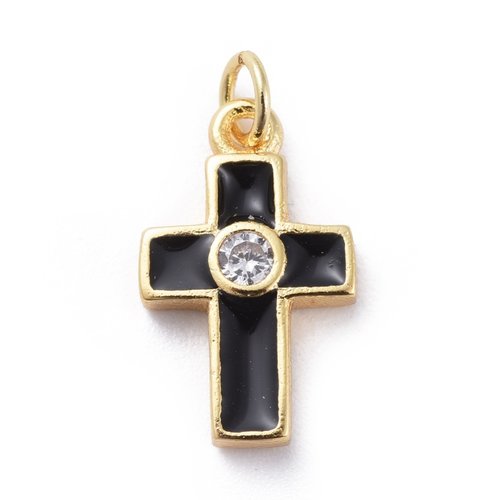 1 croix pendentif religieux métal doré émail noire strass cristal