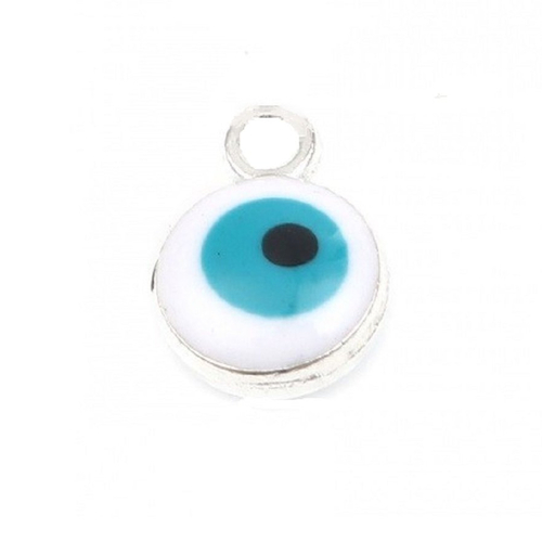 1 pendentif 9 mm oeil métal argenté émail blanche et bleue