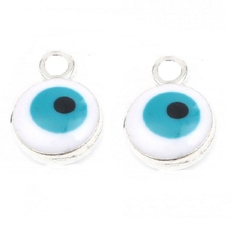 2 pendentifs 9 mm oeil métal argenté émail blanche et bleue