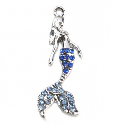 1 pendentif sirène poisson strass bleus métal argenté