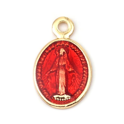 1 pendentif 13 mm médaillon religieux madone vierge doré émail rouge
