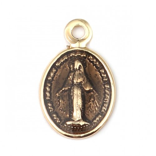 1 pendentif 13 mm médaillon religieux madone vierge doré émail marron