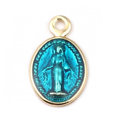 1 pendentif 13 mm médaillon religieux madone vierge doré émail bleu