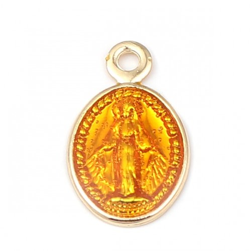 1 pendentif 13 mm médaillon religieux madone vierge doré émail jaune