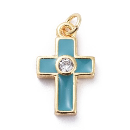 1 croix pendentif religieux métal doré émail bleue turquoise strass cristal