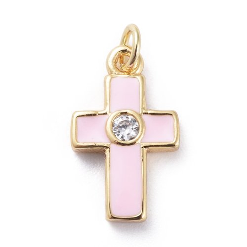 1 croix pendentif religieux métal doré émail rose strass cristal