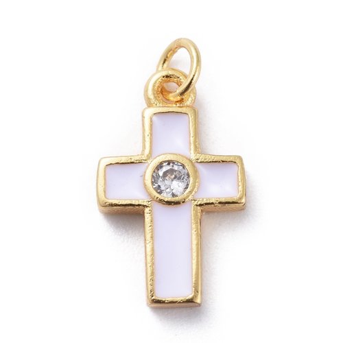 1 croix pendentif religieux métal doré émail blanche strass cristal