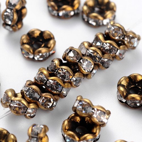 10 perles séparateurs 6 mm ondulé métal bronze et strass cristal