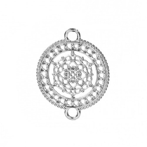 1 connecteur rond plat 29 mm métal argenté motif filigrane fleur zen