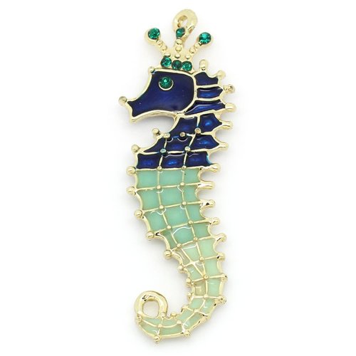 1 grand pendentif hippocampe cheval de mer doré émail verte bleue