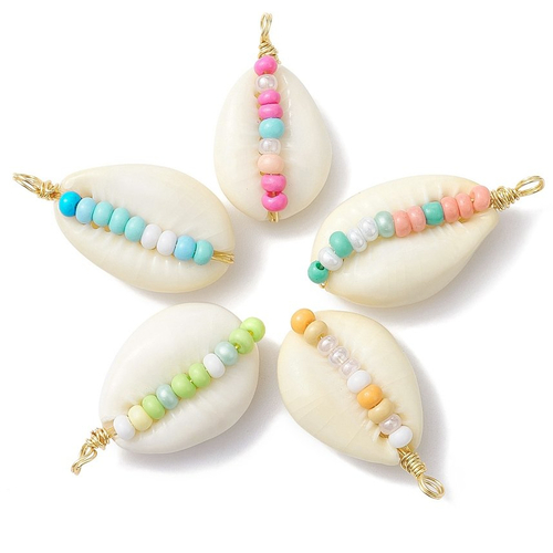 1 pendentif perle coquillage cauris 20 mm naturel et perle rocailles en verre