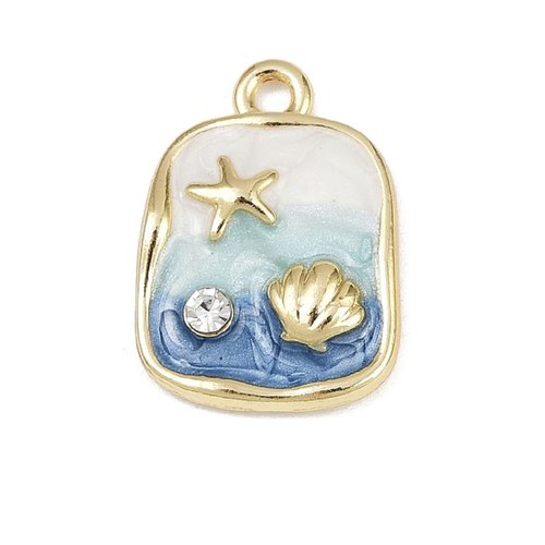 1 pendentif rectangle bleu métal doré émail strass coquillage étoile